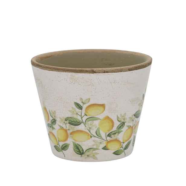 Béžový antik keramický květináč s citróny Limone Blossom - Ø 13*10 cm Chic Antique