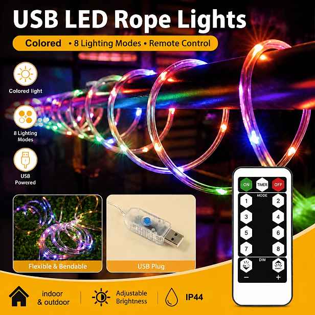 TEMU USB hadicový světelný kabel, IP44 vánoční dekorace, 50/100/200 LED, 8 režimů, s dálkovým ovládáním, vnitřní světelný řetěz, vhodný na schody, do