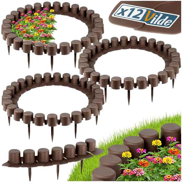 12 x Zahradní palisáda hnědý plot border obrubník trávníku záhonu 660 cm