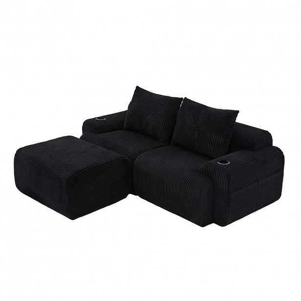 OKWISH SEDACÍ souprava 200/174/80 cm černá z manšestru s držákem nápojů a boční kapsou