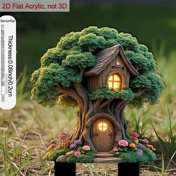 TEMU 2D Plochý, [2D Plochý] 2D Plochý Styl, 1ks Špičatý 2D Akrylátový Kolík pro Květinové Záhony. Originální Design Stromového Domku k Dekoraci
