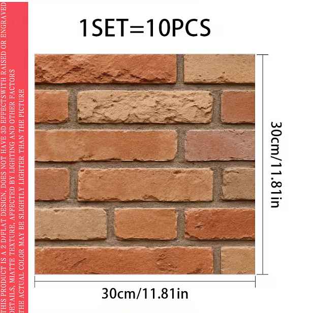 TEMU Balení 10 ks velkých 2D PVC plochých samolepicích vinylových podlahových samolepek 11,81×11,81 palců, červené cihlové zdi, odolné PVC nálepky na