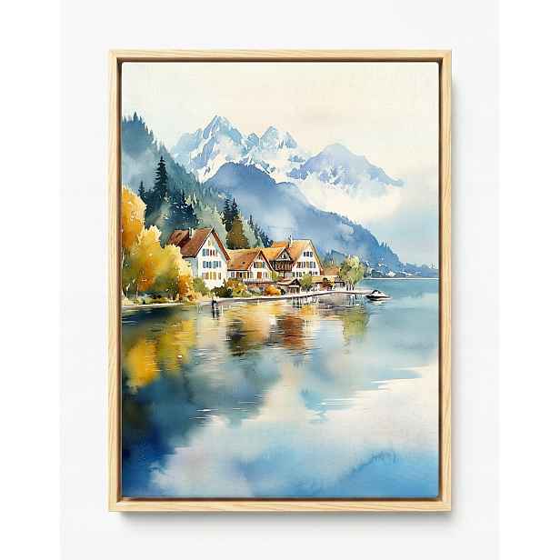 Obraz Rám Americký Box Krajina Podzim Hory Alpy Jezero Domky 60x80
