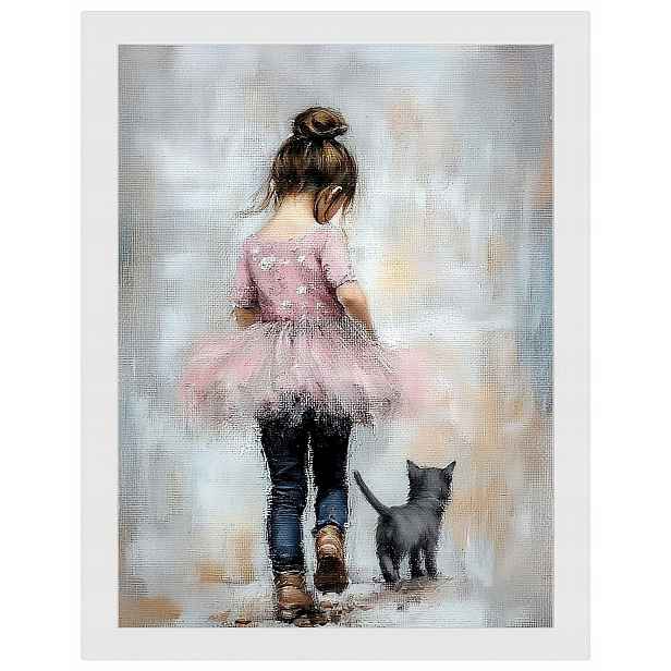 Plakát Rámeček Dřevo Dívka Růžová Princezna Kočka Procházka 60x80