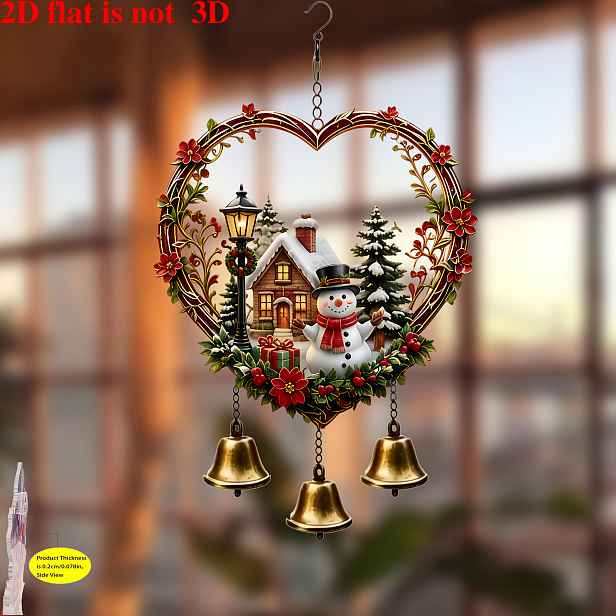 TEMU Vánoční zvonkohra ve tvaru srdce se sněhulákem a třemi kovovými zvonky, vintage měď pro dvůr, okno a vitríny