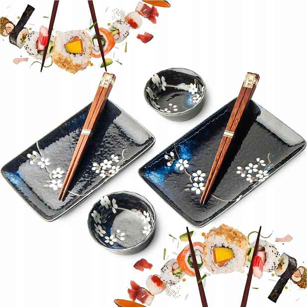 Sada keramiky na sushi Anemone Blue Modrá s květinami pro 2 osoby Edo Japan