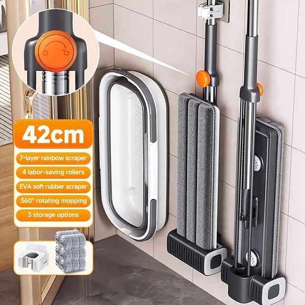TEMU Kompaktní mop a kbelík (17,7 palce) – robustní mop se 6 autentickými návlekovými podložkami, 360° otočná hlava -free ždímání pro dřevo, dlaždice