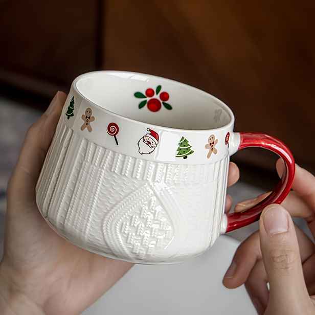 TEMU Vánoční hrnek, keramická šálka s reliéfem, velkokapacitní šálka na snídani, šálka na odpolední čaj, šálka na latte, vánoční dekorace, vánoční
