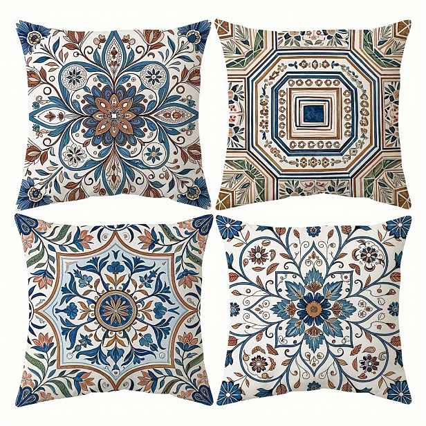 TEMU 4 ks Retro Květinové a Symetrické Dekorační Povlaky na Polštáře - Mid-Century Modern Potahy v Modré, Oranžové, Béžové, Zelené Barvy - Zipový