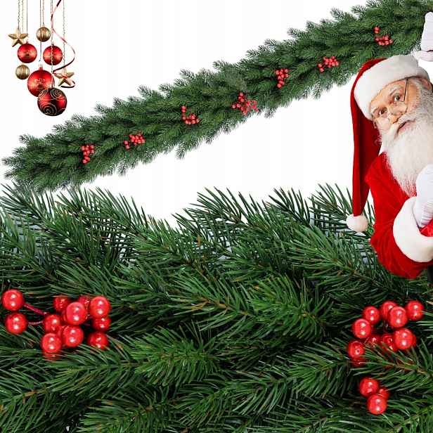 Vánoční girlanda Borovice s jeřabinami 200 cm na zábradlí, velmi hustá dekorace