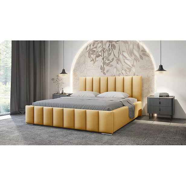 Elegantní čalouněná postel 160x200 MADALENA 2 s úložným prostorem - žlutá