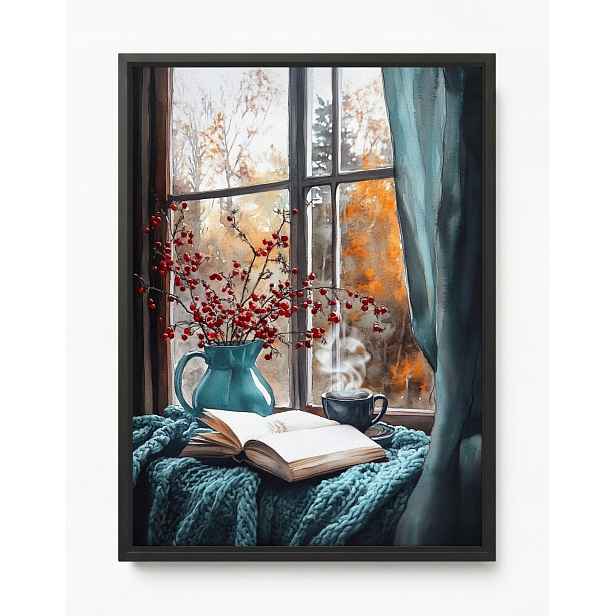 Obraz Rám Americký Box Okno Podzimní Deka Kniha Čaj Relaxace Pohled 60x80