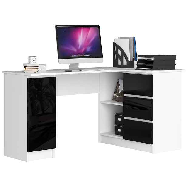 Ak furniture Rohový psací stůl B20 155 cm bílý/černý lesk pravý