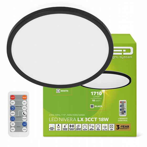 Stropní Svítidlo Led stropní IP54 18W 1710lm senzor pohybu 3 barvy světla Cct