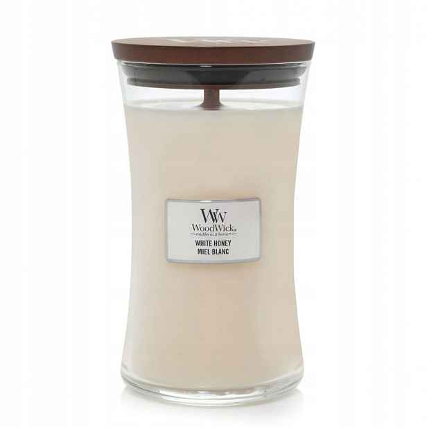 WoodWick vonná svíčka s dřevěným knotem velká White Honey 609g