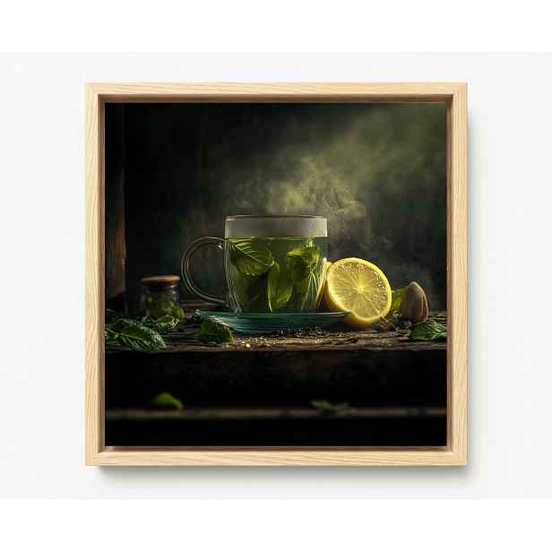 Obraz Rám Americká Krabička Zelený Čaj Nápoj Nálev Bylinky Šálek 50x50