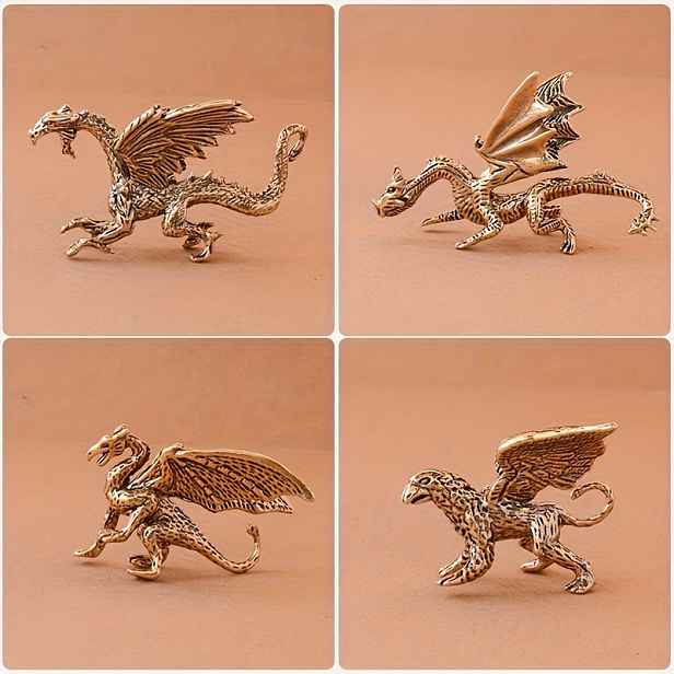 TEMU Sběratelské figurky, 4 vintage mosazné drakové ozdoby, nádherný létající , ohnivý , mosazné drakové ozdoby, nádherné mosazné ozdoby s gryfa,
