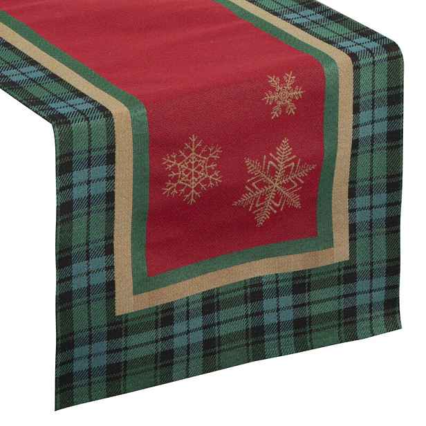 Vánoční ubrus 45x140 Cherry červená zelená mřížka sněhové vločky