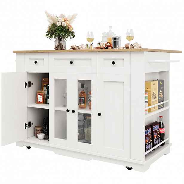 Modfu KUCHYŇSKÝ ostrůvek z MDF, kovu a skla 151,5x60x91,7 cm bílý/přírodní se sklápěcí deskou a úložným prostorem