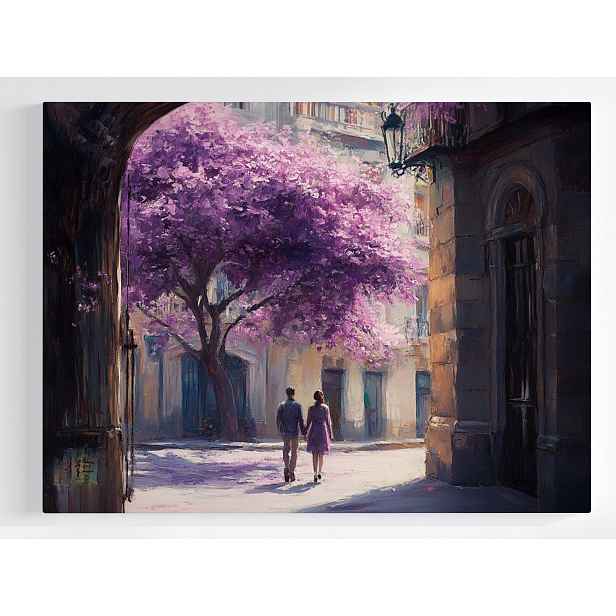 Obraz Na Plátně Canvas Akvarel Město Fialové Dřevo Pár Procházka 80x60