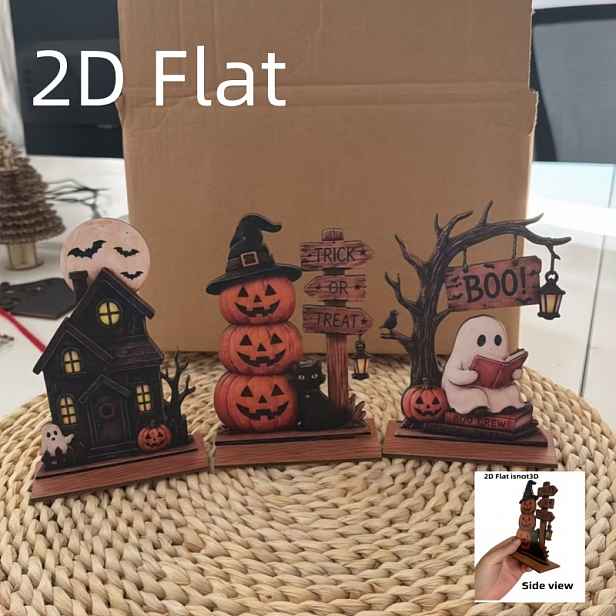 TEMU 2D Falt 3dílná sada vintage halloweenské dřevěné dekorace do interiéru, podzimní dekorace, vintage dřevěné , vhodné pro dekoraci , obsahuje