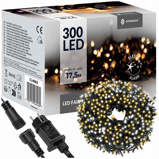 Vánoční Osvětlení Na Stromeček 300 Led Externí 17,5m Světelný Řetěz Flash Bílá Barva, Napájení Ze Sítě