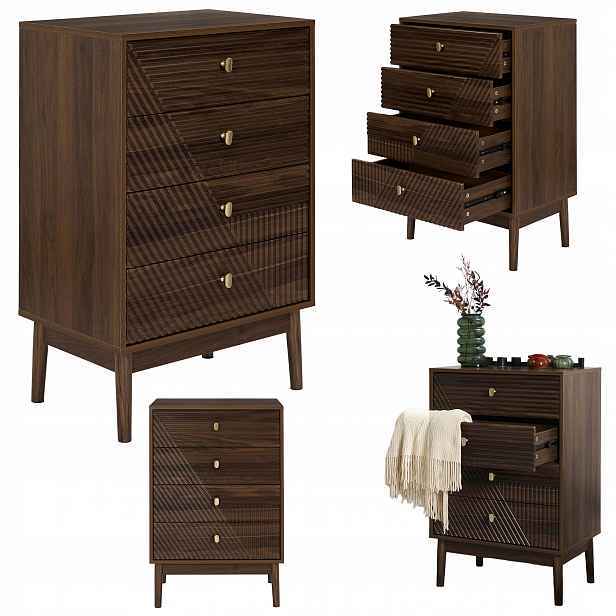 Vysoká komoda Lare tmavý ořech 60x40x90 cm 4 zásuvky knoflík mdf dřevo