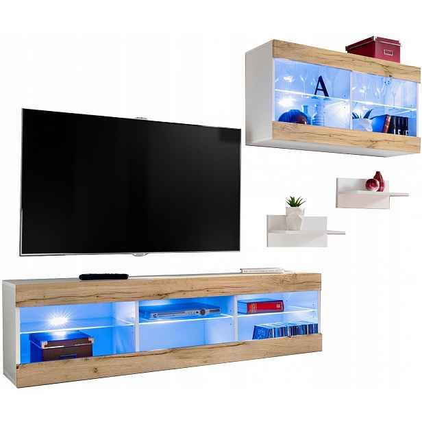 Sada nábytku Rtv Tivoli SET3 Bílá/Dub Wotan, Modré Led