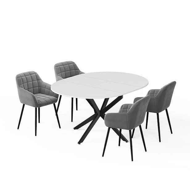 Vicco JÍDELNÍ STŮL SESTAVA Loyd, Bílá/Černá, 120 x 120 cm se 4 jídelními židlemi (šedé)