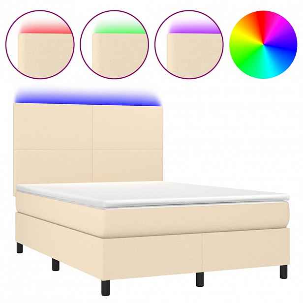 vidaXL Box spring postel s matrací a LED krémová 140x200 cm textil