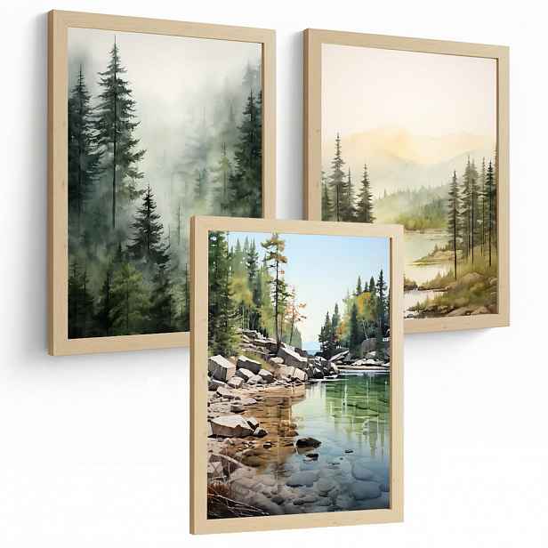 Nacnic PLAKAT Sada 3 dekorativních tisků Nordic Landscape Moderní obývací Obrázky - zelené a hnědé dekorativní plakáty Dekorace Obývací A3 bez rámu