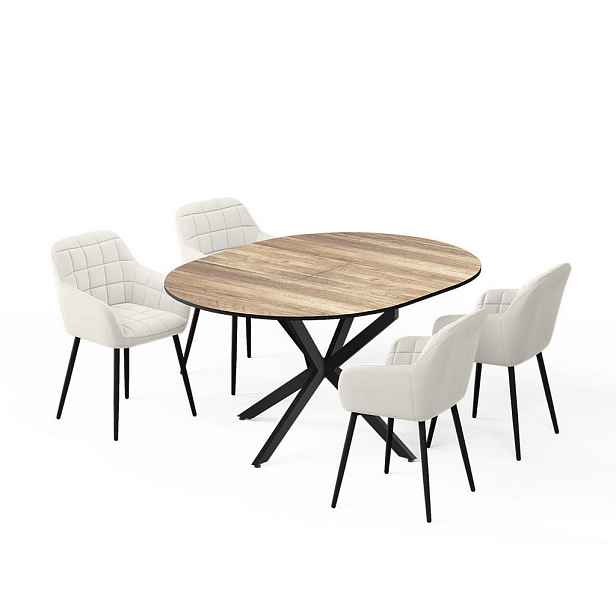 Vicco JÍDELNÍ STŮL SESTAVA Loyd, Rustikální dub/Černá, 120 x 120 cm se 4 jídelními židlemi (béžové)