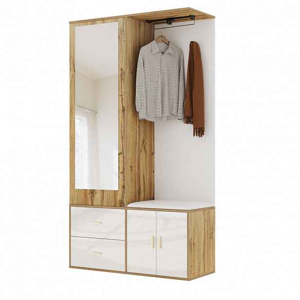 Modfu PŘEDSÍŇOVÁ stěna z dřevotřísky 100x38x180 cm bílá a přírodní se zrcadlem, lavicí a výsuvnou tyčí