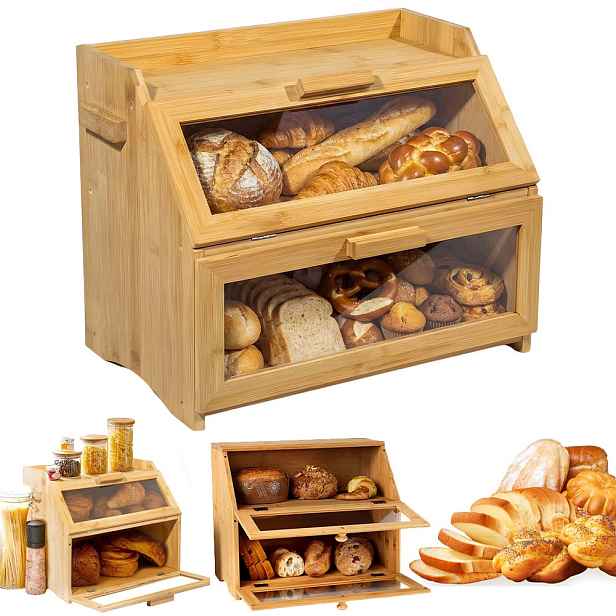 Dvouúrovňový bambusový chlebník s okénkem 39x32x25 cm, kuchyňský organizér