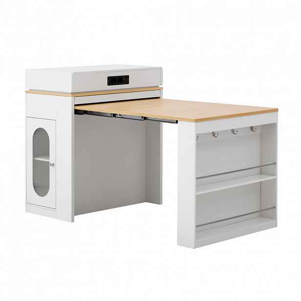 Modfu KUCHYŇSKÝ ostrůvek z MDF a skla 146x83x96 cm bílý s výsuvnou skládací deskou, zásuvkami a integrovanými zásuvkami