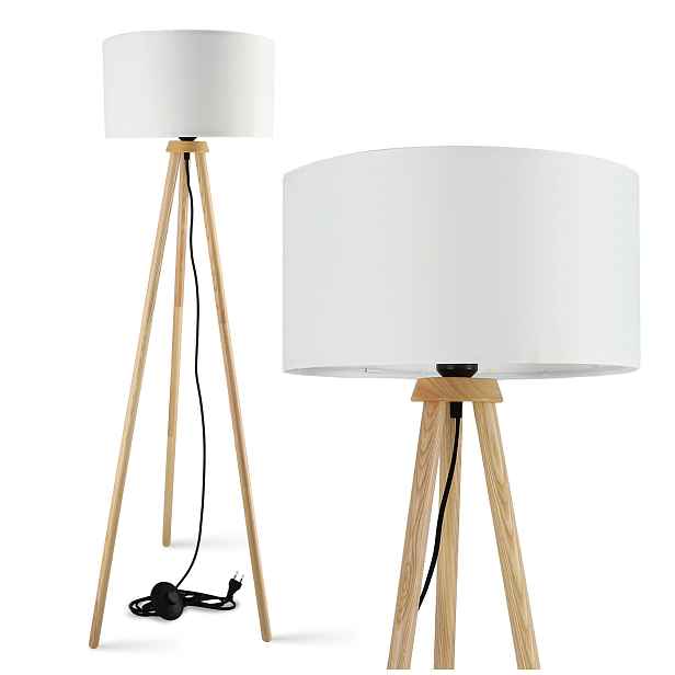 Stojací Podlahová Led Lampa E27 Lampička na čtení Bílá Dřevěná 230V