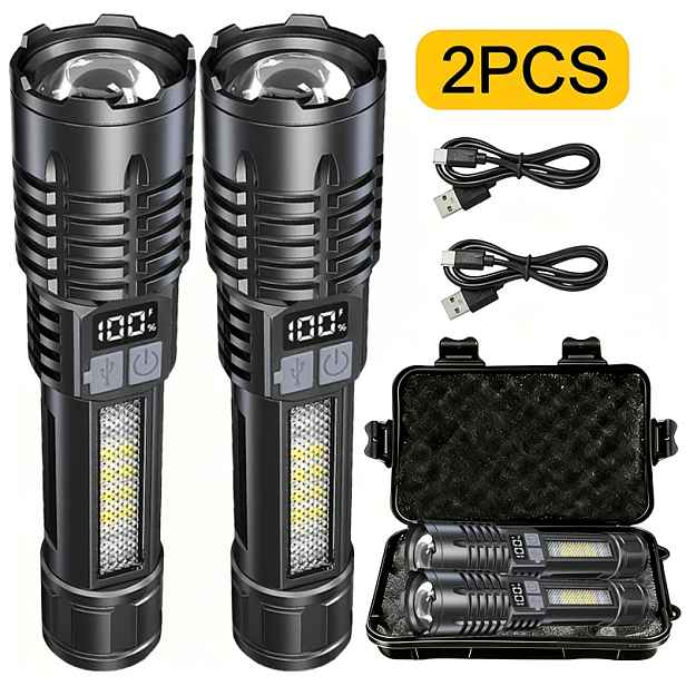 TEMU 2ks LED Svítilny s Dárkovou Krabičkou, Nabíjení přes Typ-C, Nastavitelný Zaostřovací Zoomovatelný Paprsek, 5 Světelných Režimů Vysoký Nízký