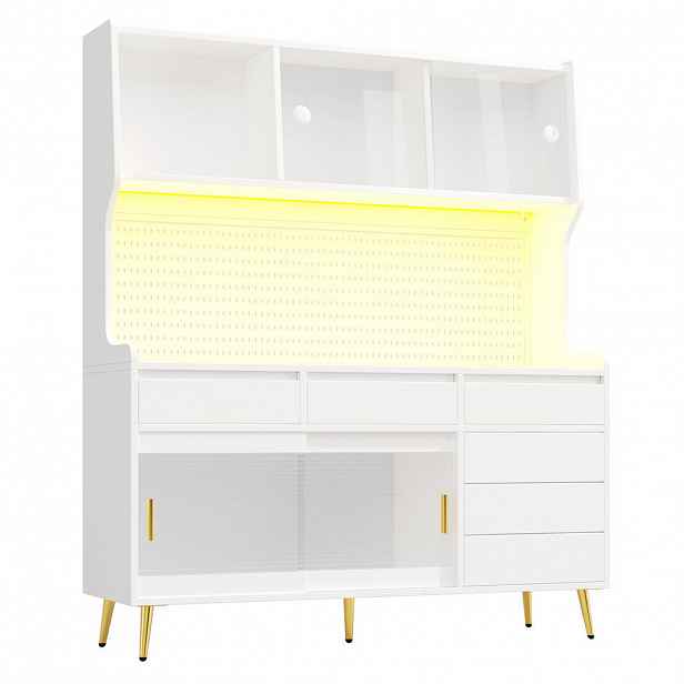 Urban Meuble KUCHYŇSKÁ SKŘÍŇKA 171 cm se Smart LED, skleněnou přední částí a děrovanou stěnou
