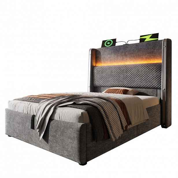 Modfu ČALOUNĚNÁ postel z lnu 90x200 cm šedá s LED osvětlením, USB/Type-C a hydraulickým úložným prostorem