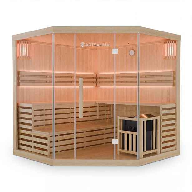 Rohová finská sauna 200x200 cm 8 kW, LED, bezpečnostní sklo