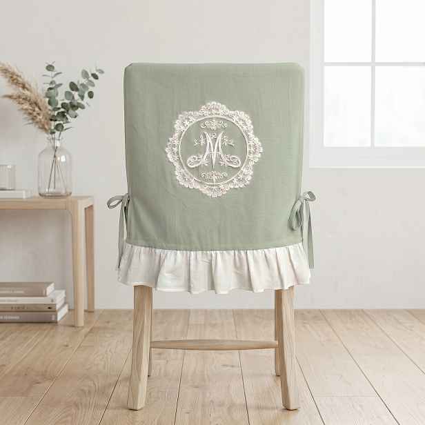 TEMU Vintage Boho Květinové Monogramové Potahy na Židle pro Svatbu a Jídelnu, Retro Pratelné Strečové Potahy s Krajkovou Výšivkou a Volánkovým Lemem,