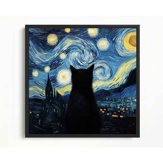 Obraz Rám American Box Van Gogh Styl Hvězdná Noc Černá Kočka 60x60