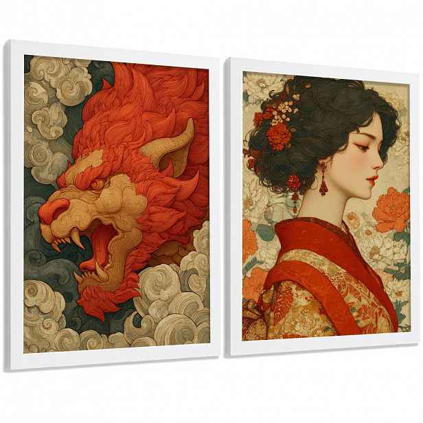 Nacnic PLAKÁT Sada 2 dekorativních koupelna-Kunstdrucke japonském pro hůlku Sprcha Toilette und koupelna mit Orientalischem Drachen und Frau White Fra