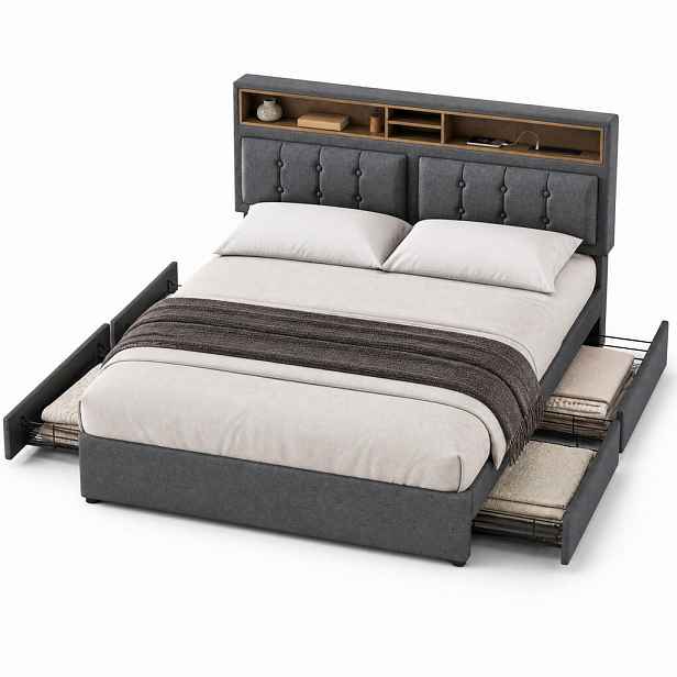 STILVORA ČALOUNĚNÁ POSTEL 140/200 cm šedá lněná, 4 zásuvky, USB, Type-C a polohovací čelo
