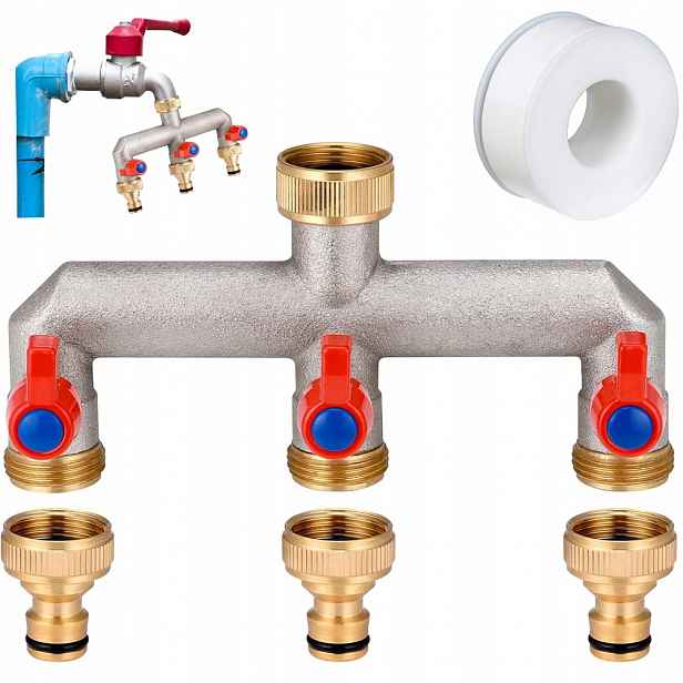 Rozdělovač mosazné vody zahradní se 3 ventily na kohoutek s redukcí 3/4"