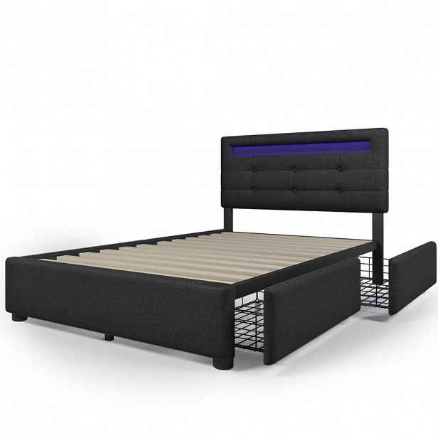 STILVORA ČALOUNĚNÁ POSTEL 90/200 cm černá lněná, 2 zásuvky a LED