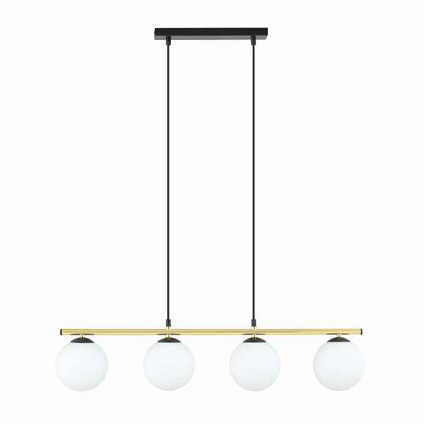 Závěsná lampa lustr černá zlatá 4 skleněné bílé koule 85 cm Emibig