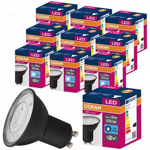 10x Led žárovka GU10 6,9W 50W 6500K Černá Osram