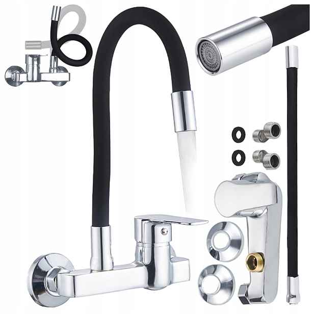 Kuchyňská Nástěnná Baterie S Kohoutkem Largo, Ohebná, Černá Výtoková Základna, Chrom