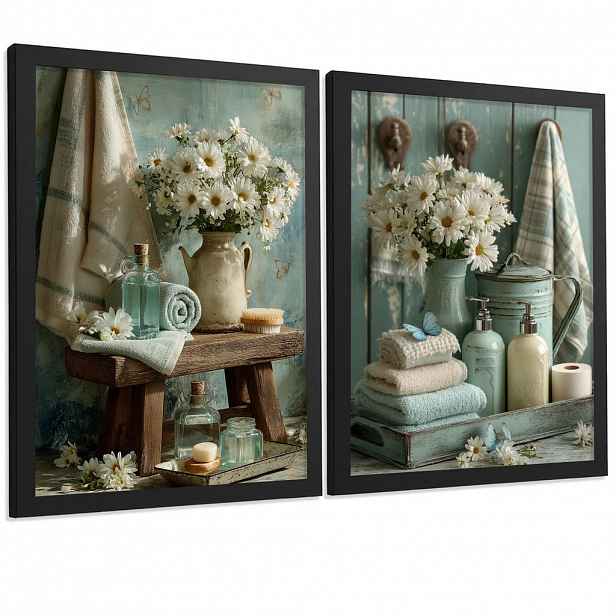 Nacnic PLAKÁT Sada 2 dekorativních koupelnových tisků, květinové v shabby chic Černý rám A3